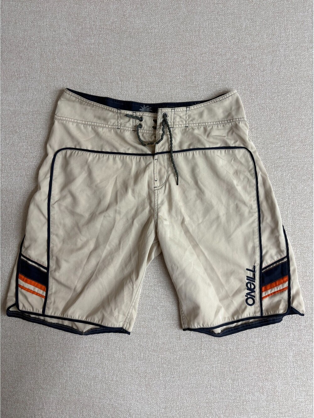 O'Neill Mens Beige Board Shorts Swim Trunks Size 31 Striped Piping Surf Shorts